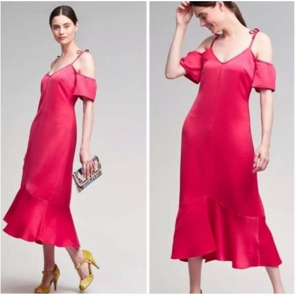 Anthropologie Seen Worn Kept Iva Midi Sheen Dress V Neck Pink Size 8 NEW